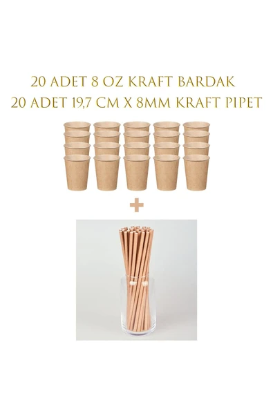ALenked Kraft Kağıt 8 oz Bardak ve Kraft 19,7cm *8 mm Kağıt Pipet -20 ADET ürün görseli 1