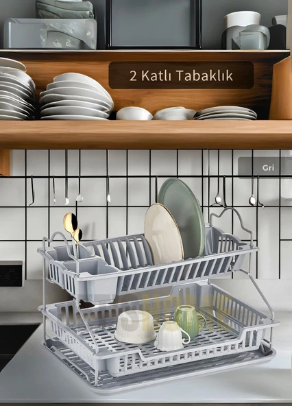 2 Katlı Bulaşıklık Paslanmaz Tezgah Üstü Tabaklık BPA FREE Bulaşık Sepeti Kurutmalık Gri ürün görseli 1