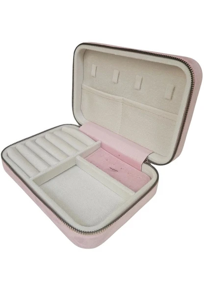 Fermuarlı Ahşap Kasalı Büyük Boy Takı, Seyahat Ve Mücevher Çantası Pembe Süet 14x21 Cm ürün görseli 1