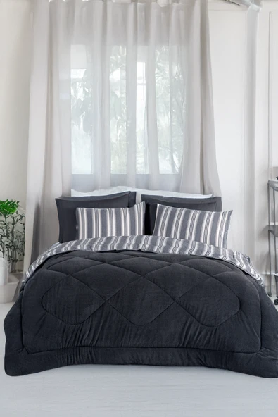 Upstyle Comfort Set Yeni Nesil Wellsoft Yorganlı 3 Parça Çift Kişilik Soft Line Antrasit ürün görseli 1