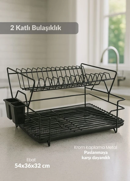 2 Katlı Bulaşıklık Çelik Tezgah Üstü Tabaklık BPA FREE Bulaşık Sepeti Kurutmalık Siyah ürün görseli 1