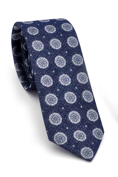 Gri Yuvarlak Desenli Lacivert Dokuma Kumaş Mendilli Slim Fit Kravat // SDK-250205 ürün görseli 1