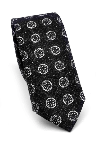 Gri Yuvarlak Desenli Siyah Dokuma Kumaş Mendilli Slim Fit Kravat // SDK-250204 ürün görseli 1