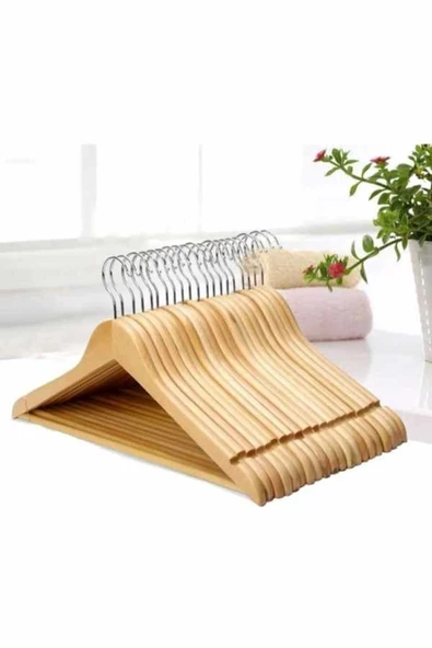 KULVARAVM 10 Adet Ahşap Cilalı Naturel Elbise Askısı Pürüzsüz 10 Lu Paket ürün görseli 1
