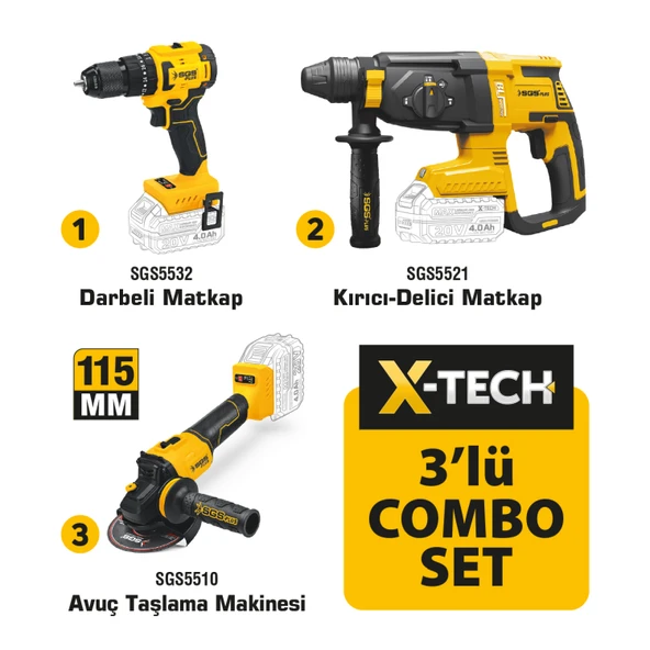 SGS5450 - 20 Volt 4 Amper Akülü Vidalama Matkap - Kırıcı Delici - Avuç Taşlama Combo Set 3 Parça ürün görseli 1