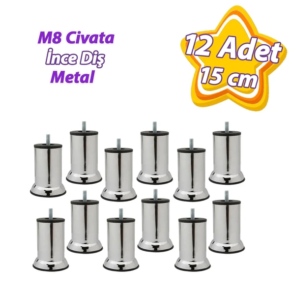 12 Adet Metal Destek Ayağı 15 Cm Krom Mobilya Kanepe Baza Koltuk Ünite Ayakları Metrik 8 Civatalı İnce Diş ürün görseli 1
