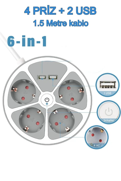 Priz 4 Bölmeli 2 USB Grişli Yuvarlak Çoklu Grup Priz Çocuk Korumalı  Anahtarlı 1.5 Metre Kablolu ürün görseli 1