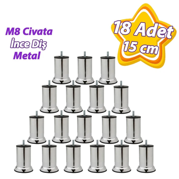 18 Adet Metal Destek Ayağı 15 Cm Krom Mobilya Kanepe Baza Koltuk Ünite Ayakları Metrik 8 Civatalı İnce Diş ürün görseli 1