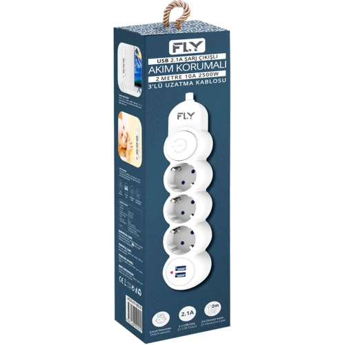 FLY 3393-01, 3 Soket, 2 USB, Akim Korumali Priz, 2.1A, Anahtarli, 2Mt Kablo, Beyaz ürün görseli 1
