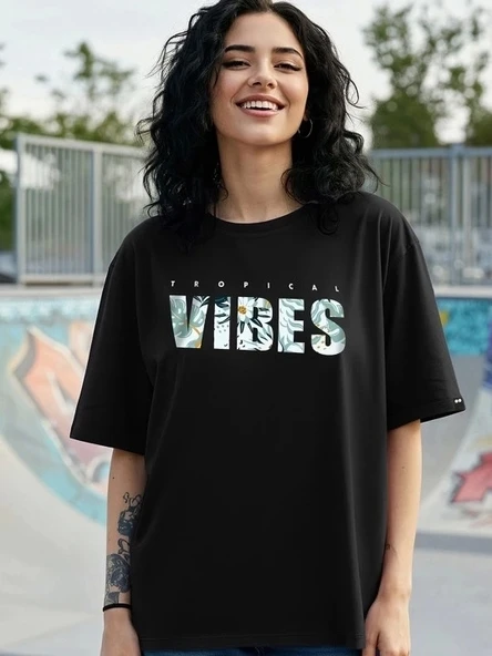 Baskılı Oversize T-shirt - Siyah - Resim 3