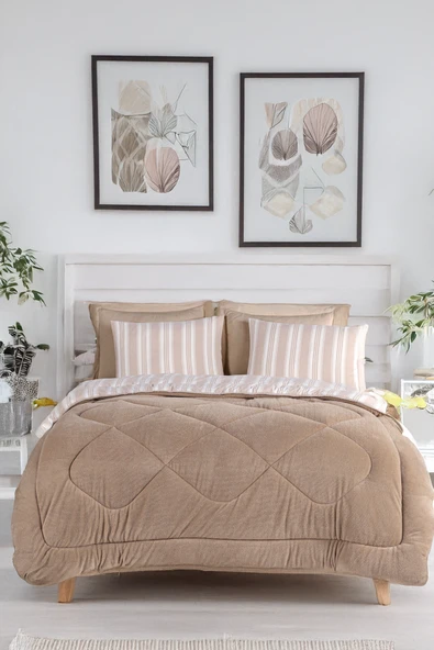 Upstyle Comfort Set Yeni Nesil Wellsoft Yorganlı 3 Parça Çift Kişilik Soft Line Bej ürün görseli 1