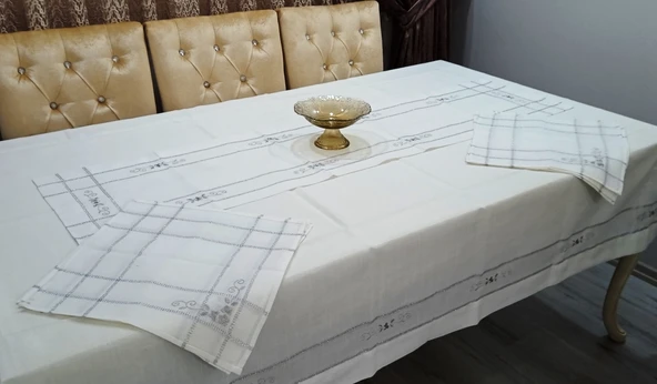 Maraş işi Green lıght Yemek Seti 10 parça krem/ simli ürün görseli 1