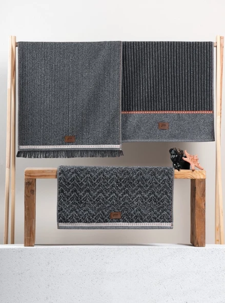 Cotton Box 3'lü Jakarlı Havlu Seti Denim Antrasit  50x90 ürün görseli 1