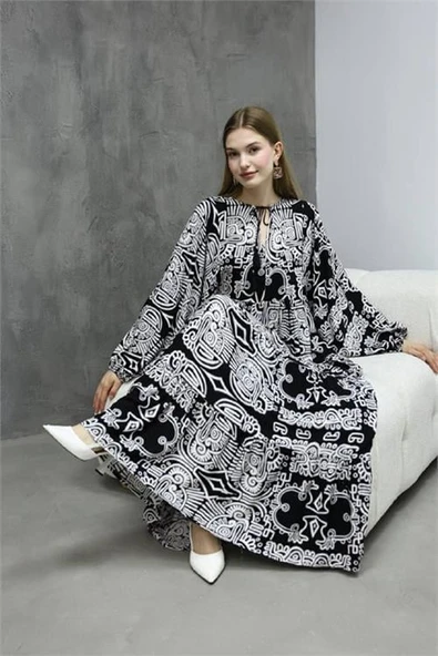 Dipmoda kadın oversize salaş kesim desenli viskon elbise DPRS01 ürün görseli 1