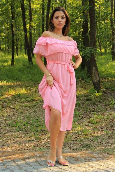 Dipmoda kadın pembe kuşaklı madonna yaka baby shower elbise DP8060 ürün görseli 1