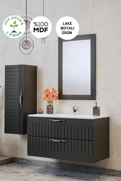 BALNEOM Erguvan Gümüş Kulp Antrasit Demonte 80 Cm Lavabolu Banyo Dolabı Ayna Lavabo Boy Dolabı ürün görseli 1