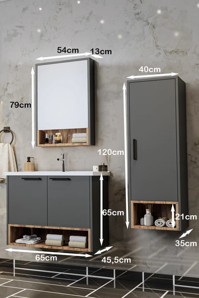 BALNEOM Banyo Karanfil 65 Cm %100 Mdf Antrasit Lavabolu Banyo Dolabı Ayna Alt Dolap Lavabo Boy Dolabı ürün görseli 1