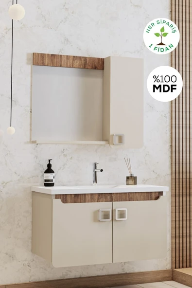 BALNEOM Selvi 80 Cm %100 Mdf Lavabolu Banyo Dolabı Aynalı Dolaplı Üst Dolap Lavabo ürün görseli 1