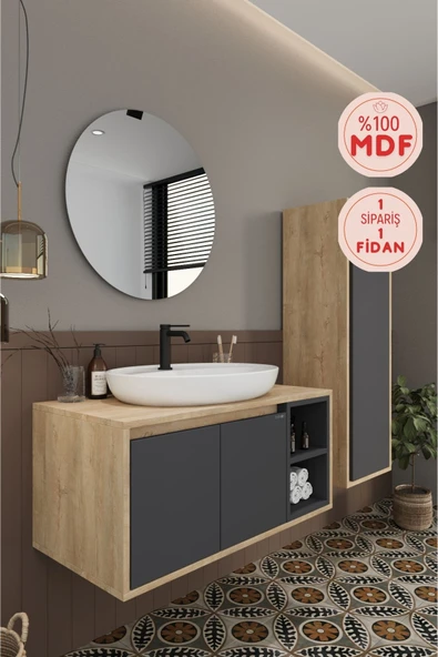 BALNEOM Gül 90 Cm %100 Mdf Lavabolu Banyo Dolabı Ayna Alt Dolap Lavabo Boy Dolabı ürün görseli 1