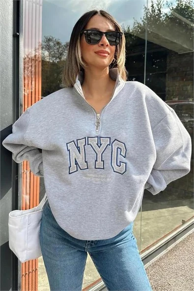Dipmoda kadın gri içi polar nakışlı sweat DPG033 ürün görseli 1