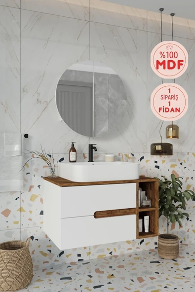 BALNEOM Koza Beyaz 80 Cm %100 Mdf Lavabolu Banyo Dolabı Ayna Lavabo ürün görseli 1