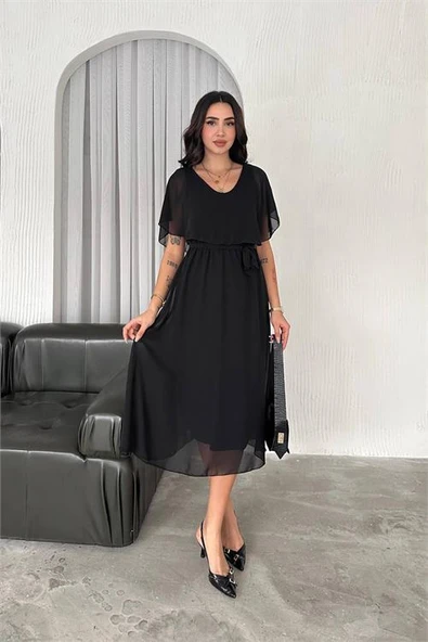 Dipmoda kadın kuşaklı midi boy şifon elbise DPK4116 ürün görseli 1