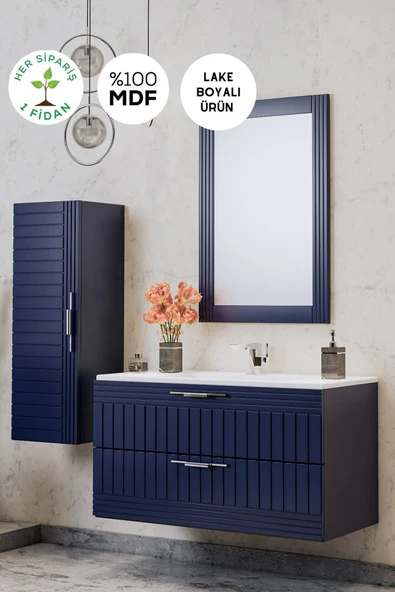 BALNEOM Erguvan Lacivert Demonte 100 Cm Lavabolu Banyo Dolabı Ayna Alt Dolap Lavabo Boy Dolabı ürün görseli 1