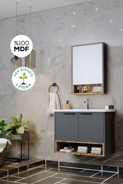 BALNEOM Banyo Karanfil 80 Cm %100 Mdf Antrasit Lavabolu Banyo Dolabı Ayna Alt Dolap Lavabo ürün görseli 1