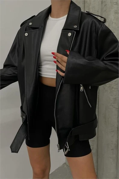 Dipmoda kadın siyah oversize deri mont DPDM5017 - Resim 3