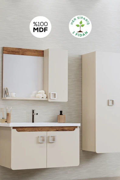 BALNEOM Selvi 80 Cm %100 Mdf Lavabolu Banyo Dolabı Aynalı Dolaplı Üst Dolap Lavabo Boy Dolabı ürün görseli 1