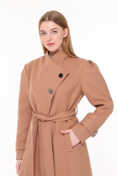 Dipmoda kadın midi oversize yün kaşe kaban DPPLTN03 - Camel - Resim 5
