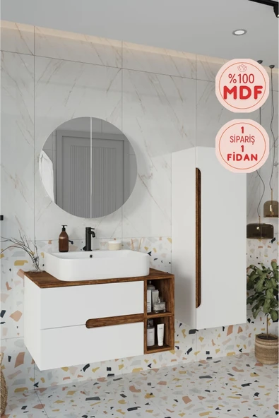 BALNEOM Koza Beyaz 80 Cm %100 Mdf Banyo Dolabı Ayna Lavabo Boy Dolabı ürün görseli 1