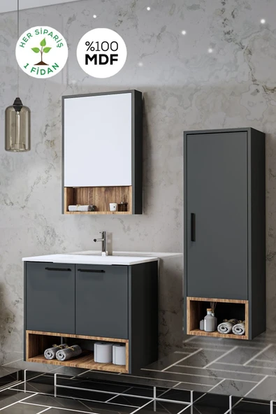 BALNEOM Banyo Karanfil 80 Cm %100 Mdf Antrasit Lavabolu Banyo Dolabı Ayna Lavabo Boy Dolabı ürün görseli 1