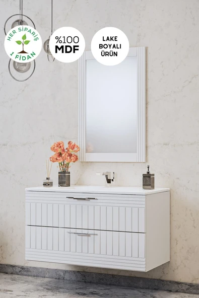 BALNEOM Erguvan Beyaz Gümüş Kulp Demonte 100 Cm Lavabolu Banyo Dolabı Ayna ürün görseli 1