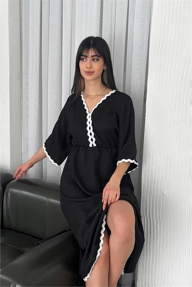Dipmoda kadın V-yaka midi boy keten elbise DPK4155 ürün görseli 1