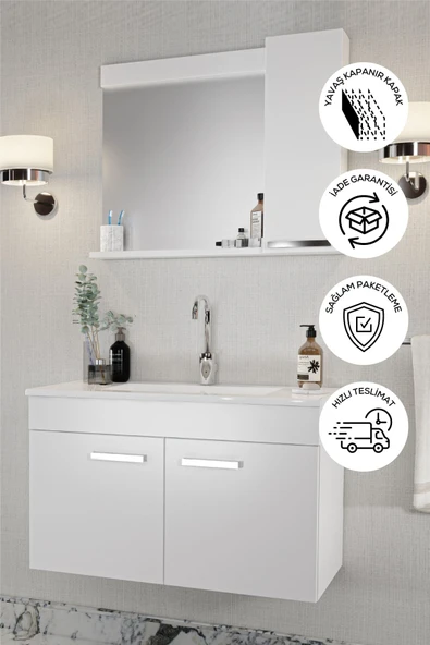BALNEOM Banyo Defne 02 65 65 Cm Demonte Banyo Dolabı Aynalı Dolaplı Üst Dolap Seramik Lavabo ürün görseli 1