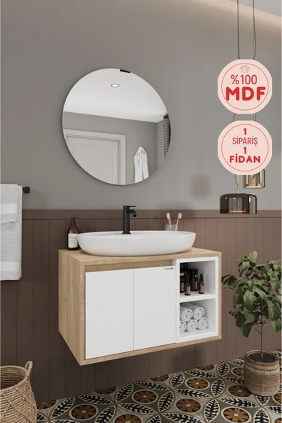 BALNEOM Gül Beyaz 70 Cm %100 Mdf Lavabolu Banyo Dolabı Ayna Lavabo ürün görseli 1
