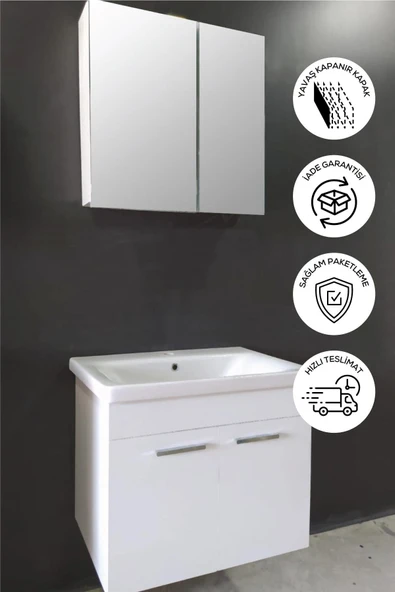 BALNEOM Banyo Defne 80cm Demonte Banyo Dolabı Aynalı Dolaplı Üst Dolap Lavabo ürün görseli 1