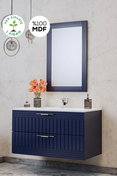 BALNEOM Erguvan Lacivert Demonte 100 Cm Lavabolu Banyo Dolabı Ayna Lavabo Alt Dolap ürün görseli 1