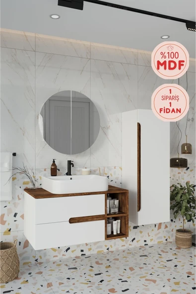 BALNEOM Koza Beyaz 90 Cm %100 Mdf Banyo Dolabı Ayna Lavabo Boy Dolabı ürün görseli 1