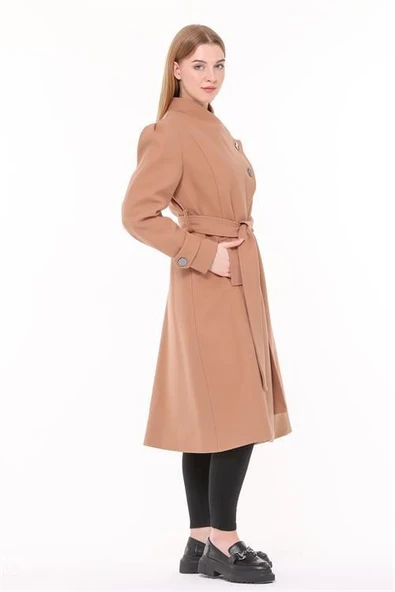 Dipmoda kadın midi oversize yün kaşe kaban DPPLTN03 - Camel - Resim 3