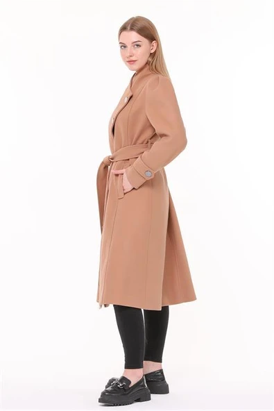 Dipmoda kadın midi oversize yün kaşe kaban DPPLTN03 - Camel - Resim 4