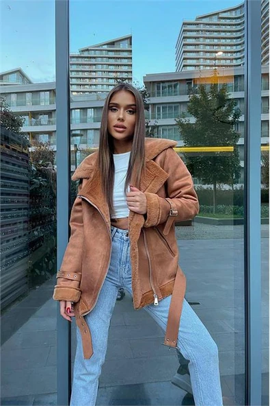 Kadın taba içi kürklü süet ceket DPMYLK11 ürün görseli 1