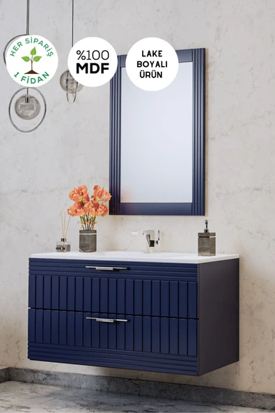 BALNEOM Erguvan Lacivert Demonte 80 Cm Lavabolu Banyo Dolabı Ayna Alt Dolap Lavabo ürün görseli 1