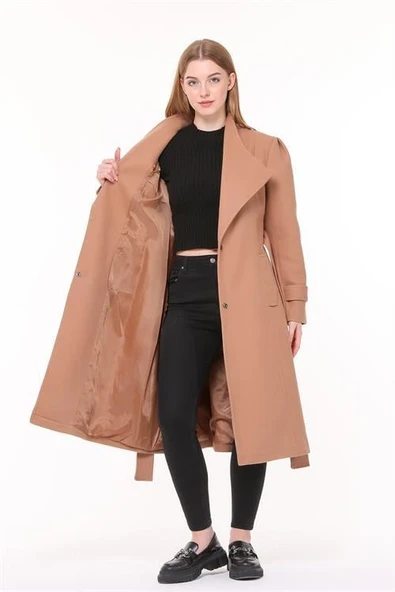 Dipmoda kadın midi oversize yün kaşe kaban DPPLTN03 - Camel - Resim 7