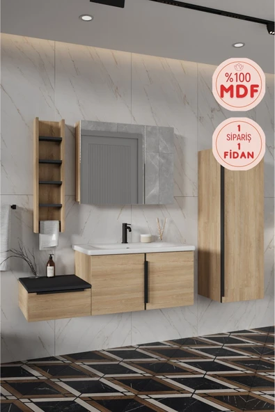 BALNEOM Zakkum 100 Cm %100 Mdf Lavabolu Banyo Dolabı Dolaplı Aynalı Üst Dolap Boy Dolabı Havluluk ürün görseli 1