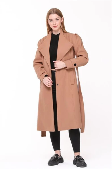 Dipmoda kadın midi oversize yün kaşe kaban DPPLTN03 - Camel - Resim 2
