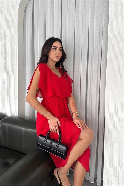 Dipmoda kadın kuşaklı midi boy şifon elbise DPK4116 ürün görseli 1