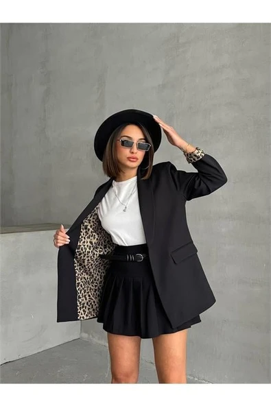 Dipmoda kadın astarlı içi leopar desenli blazer ceket DPG071 ürün görseli 1