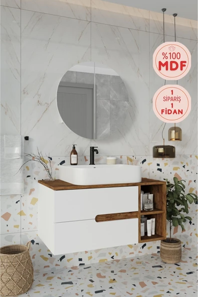 BALNEOM Koza Beyaz 90 Cm %100 Mdf Lavabolu Banyo Dolabı Ayna Lavabo ürün görseli 1